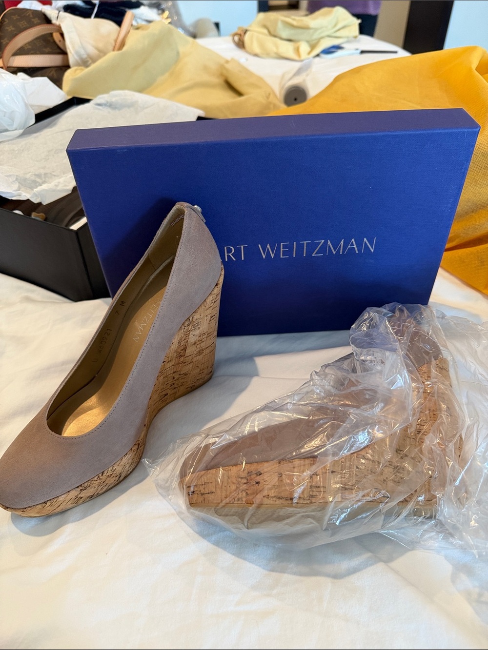 Stuart Weitzman Taupe Suede Cork Wedge Pumps